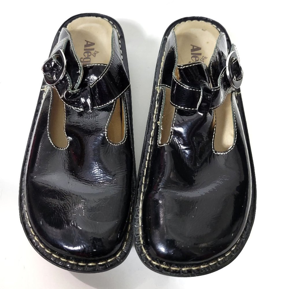 Alegria Classic Clogs Brilliant Black Patent Glossy Rocker Mules Size 10 40